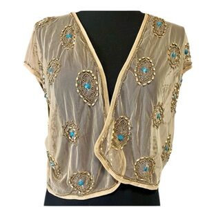 Chico's Beige and Turquoise Embellished Sheer Jacket Turquoise colored stones